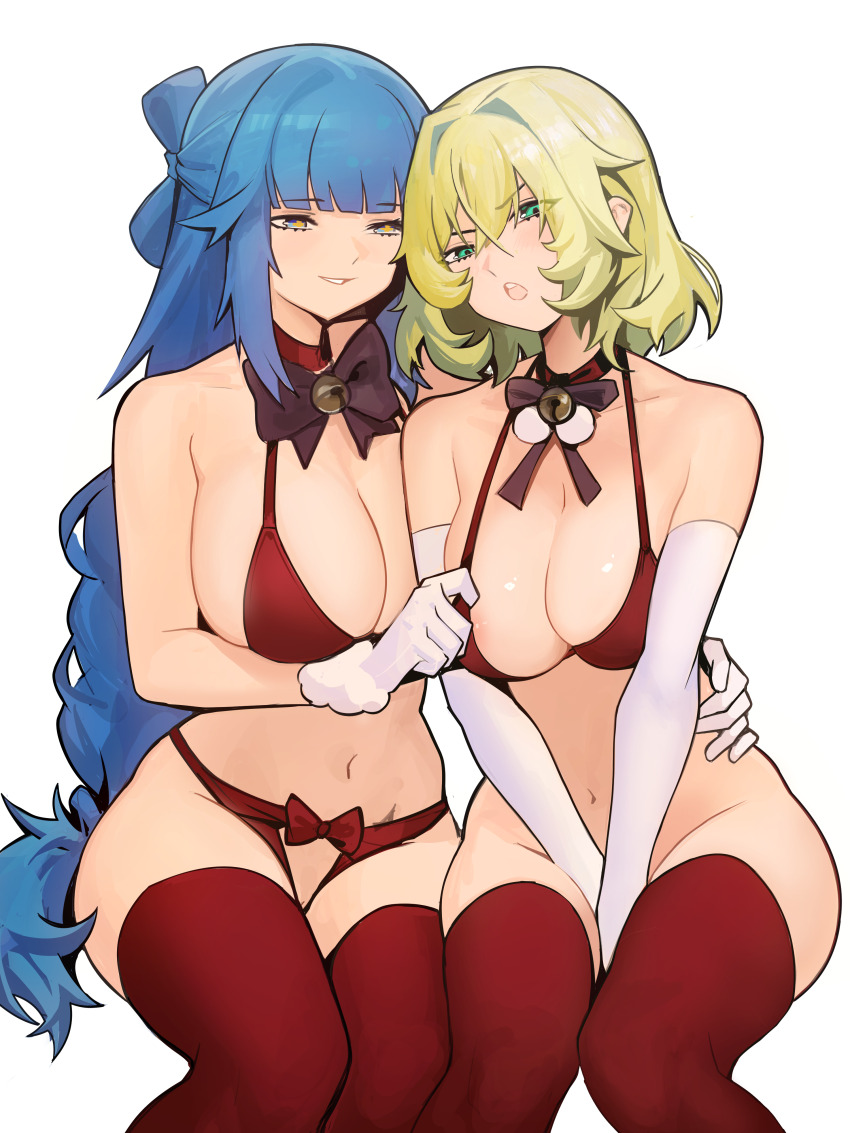 2girls absurdres alice_schneider arm_around_waist bikini black_bow blonde_hair blue_eyes blue_hair bottomless bow breasts choker crotchless crotchless_bikini danielle_smeets distr elbow_gloves gloves green_eyes hair_between_eyes hand_on_another&#039;s_waist highres invisible_chair large_breasts long_hair looking_at_viewer multiple_girls navel red_bikini red_choker red_thighhighs short_hair sitting swimsuit tatakau_ni_atai_suru thighhighs white_background white_gloves