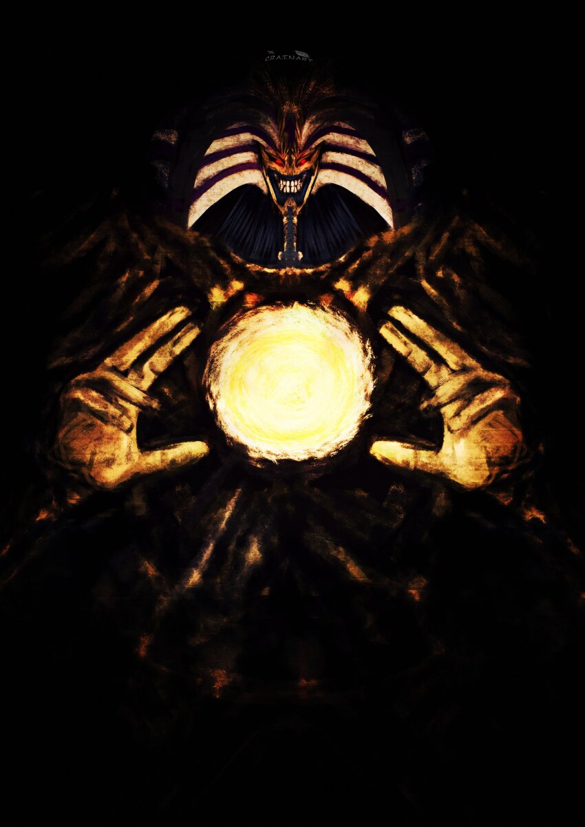 1boy absurdres artist_name black_sclera colored_sclera commentary crain1art dark duel_monster energy_ball exodia_the_forbidden_one glowing glowing_eyes hands_up highres looking_at_viewer male_focus red_eyes solo yu-gi-oh!