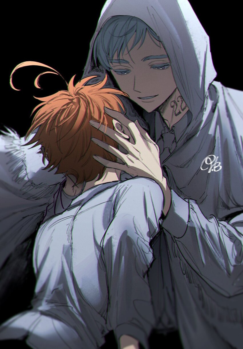 1boy 1girl black_background blue_eyes cloak emma_(yakusoku_no_neverland) hand_on_another&#039;s_cheek hand_on_another&#039;s_face highres hood hood_up hooded_cloak m_m_pb neck_tattoo norman_(yakusoku_no_neverland) number_tattoo orange_hair shirt simple_background tattoo upper_body white_cloak white_hair white_shirt yakusoku_no_neverland