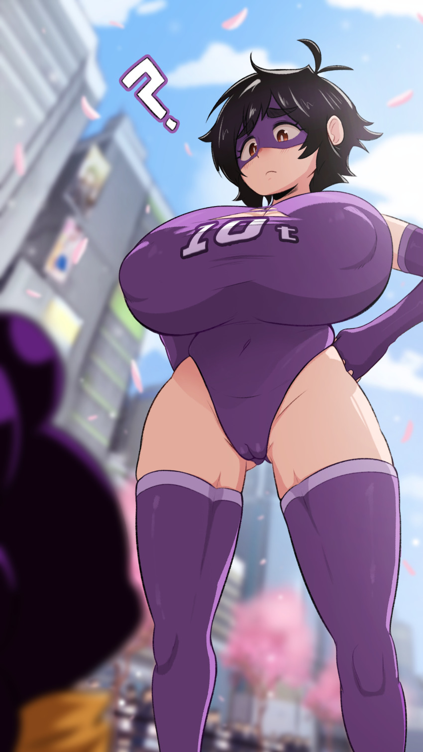 10-ton 1boy 1girl ? absurdres antenna_hair black_hair blurry blurry_background blurry_foreground boku_no_hero_academia breasts building cameltoe city cleavage_cutout clenched_hands clothing_cutout commentary depth_of_field elbow_gloves english_commentary from_behind from_below frown gloves gluteal_fold greatm8 hand_on_own_thigh highres huge_breasts impossible_clothes leotard mineta_minoru navel outdoors petals photoshop_(medium) puffy_nipples purple_gloves purple_legwear purple_leotard purple_mask road short_eyebrows short_hair skin_tight skindentation skyscraper source_filmmaker_(medium) thick_eyebrows thigh_gap thighs