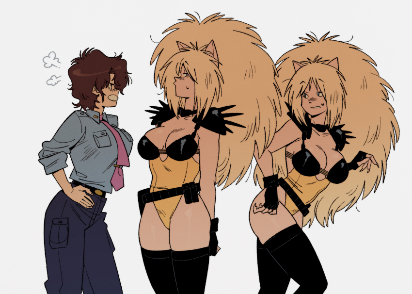 3girls angry animal_ears annapuma big_hair black_gloves blonde_hair blue_pants breasts brown_hair cat_ears cropped_legs dominion_(manga) gloves gutalalaman highres leaning_forward leona_ozaki leotard medium_breasts multiple_girls necktie nervous pants puma_sisters short_hair shoulder_pads shoulder_spikes siblings simple_background sisters spikes standing unipuma white_background