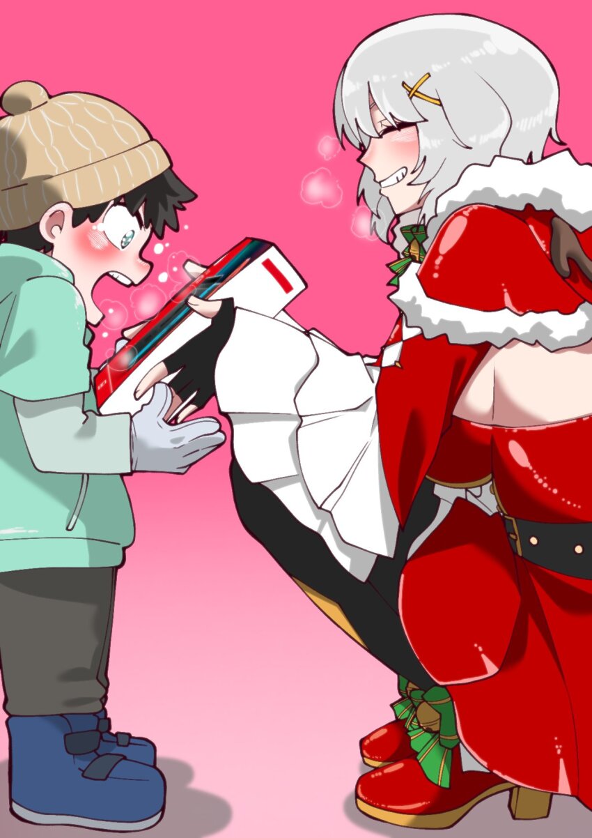 1boy 1girl binsake6969 black_gloves black_pants black_pantyhose blue_footwear blue_hoodie blush boots box capelet closed_eyes closed_mouth dress fingerless_gloves fur-trimmed_capelet fur_trim gloves grey_hair hair_ornament high_heels highres holding holding_box hood hoodie nintendo_switch pants pantyhose pink_background red_capelet red_dress red_footwear santa_costume santa_dress short_hair smile virtual_youtuber vshojo x_hair_ornament zentreya zentreya_(cyborg)