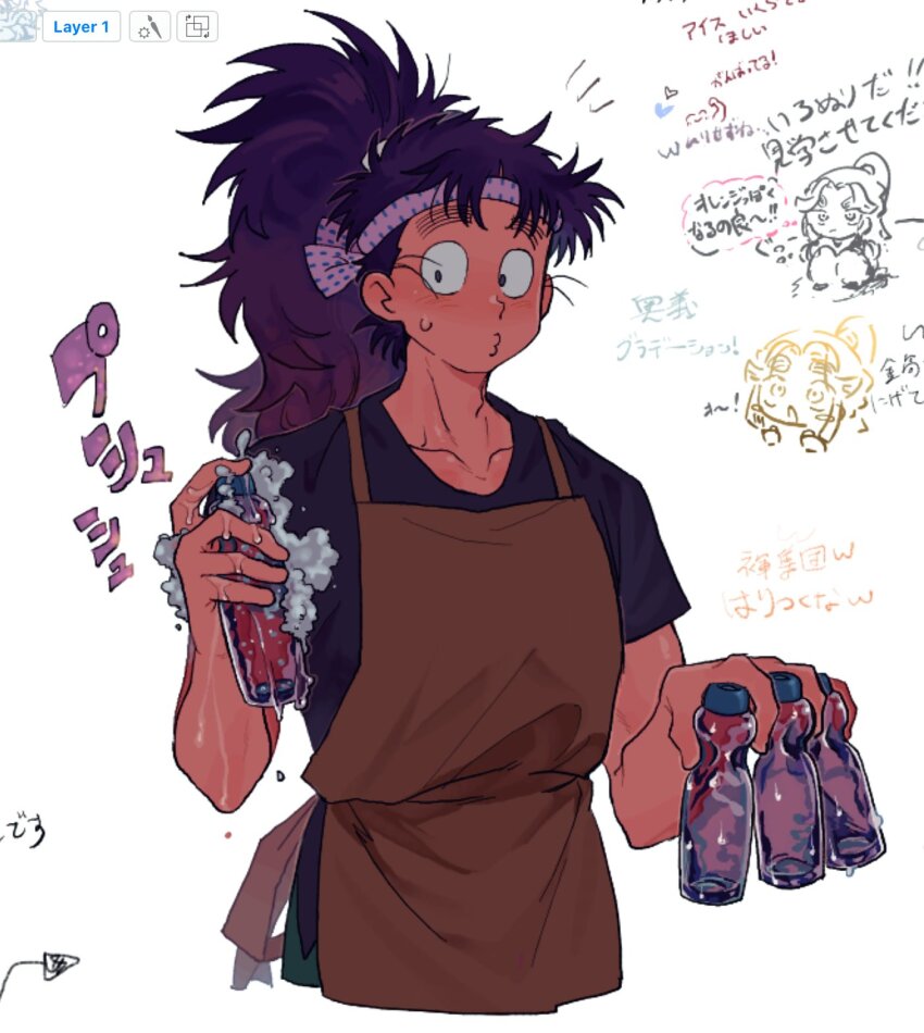 1boy apron black_footwear bottle brown_apron cowboy_shot cropped_legs doodle_inset dual_wielding foam hand_up headband highres holding holding_bottle layered_clothes long_hair male_focus nanamatsu_koheita notice_lines o3o overflowing pants pink_headband ponytail purple_hair rakudai_ninja_rantarou ramune ruiori_saikou sanpaku short_sleeves spilling sweatdrop thick_eyebrows three_quarter_view white_background wide_ponytail