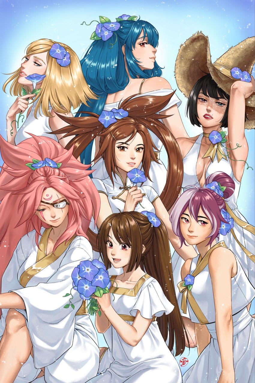 6+girls absurdres alternate_hairstyle baiken bare_shoulders black_hair blonde_hair blue_eyes blue_hair breasts brown_eyes brown_hair china_dress chinese_clothes choker cleavage dizzy_(guilty_gear) dress eyepatch facial_mark flower guilty_gear guilty_gear_xrd hair_flower hair_ornament hanbok hat heterochromia highres i-no irene_koh korean_clothes kum_haehyun kuradoberi_jam lipstick long_hair looking_at_viewer makeup may_(guilty_gear) millia_rage multicolored_hair multiple_girls off-shoulder_dress off_shoulder pink_hair ponytail purple_hair ribbon scar scar_across_eye scar_on_face short_hair simple_background sleeveless sleeveless_dress smile straw_hat sundress two-tone_hair white_dress witch_hat