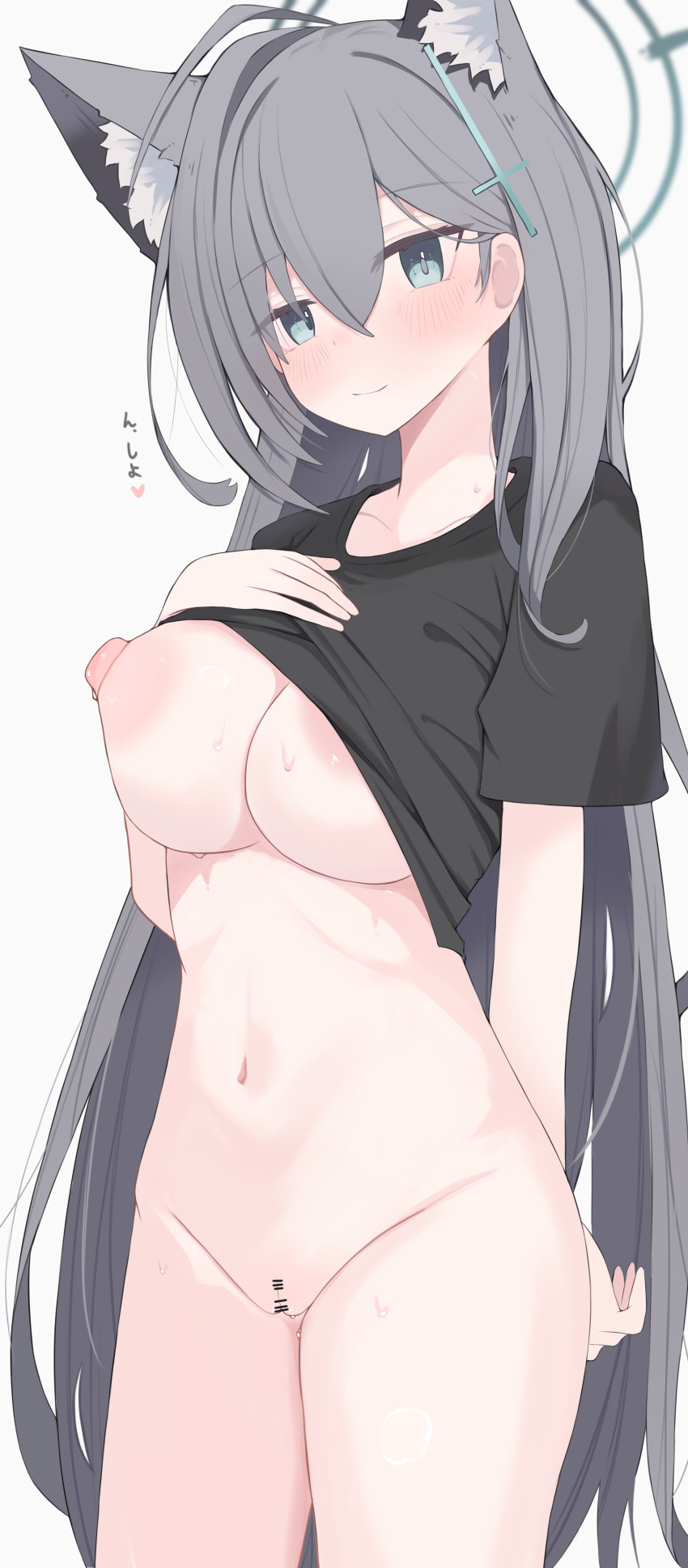 1girl absurdres animal_ear_fluff animal_ears bar_censor black_shirt blue_archive blue_eyes blush bottomless breasts censored clothes_lift commentary_request cross_hair_ornament extra_ears grey_hair hair_ornament highres large_breasts long_hair looking_at_viewer mismatched_pupils navel nipples nui_(nuinui0300) shiroko_(blue_archive) shiroko_terror_(blue_archive) shirt shirt_lift short_sleeves solo sweat t-shirt wolf_ears wolf_girl