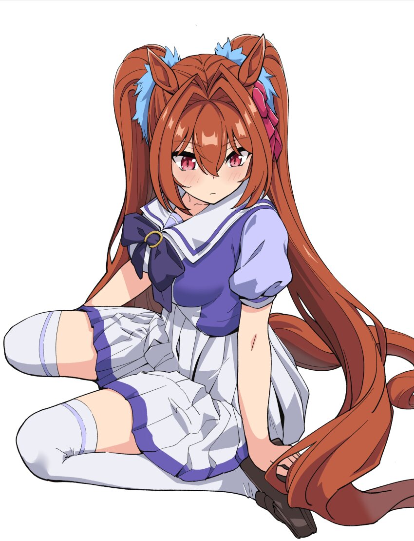 1girl absurdres animal_ears bow bowtie breasts brown_footwear brown_hair daiwa_scarlet_(umamusume) from_side hair_between_eyes hair_intakes hashtag-only_commentary highres horse_ears horse_girl horse_tail horseshoe_ornament large_breasts long_hair looking_down looking_to_the_side oxymoron_0213 pleated_skirt puffy_short_sleeves puffy_sleeves purple_bow purple_bowtie purple_shirt sailor_collar sailor_shirt school_uniform shirt short_sleeves simple_background skirt solo tail thighhighs tracen_school_uniform twintails umamusume very_long_hair white_background white_skirt white_thighhighs