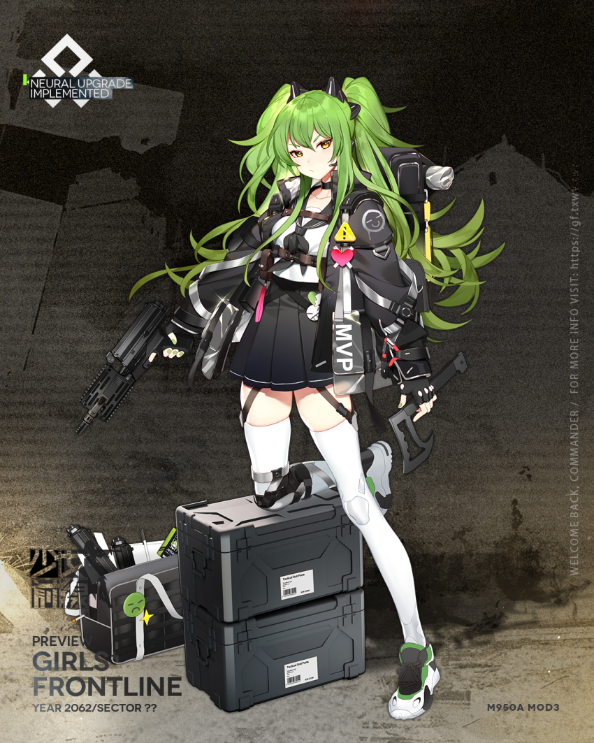 1girl artist_request axe bag black_gloves black_jacket black_neckwear black_sailor_collar black_skirt breasts calico_light_weapons_systems calico_m950 calico_m950a cheek_pistol closed_mouth clothes_writing double-stack_magazine female_focus fingerless_gloves full_body girls&#039;_frontline gloves green_hair green_nails gun handgun headgear heart helical_magazine high-capacity_magazine highres holding holding_gun holding_weapon jacket leg_up long_hair long_sleeves m950a_(girls&#039;_frontline) m950a_(mod3)_(girls&#039;_frontline) machine_pistol medium_breasts mod3_(girls&#039;_frontline) nail_polish official_alternate_costume official_art pistol pleated_skirt sailor_collar school_uniform serafuku shoes skirt sneakers solo standing standing_on_one_leg submachine_gun thighhighs two_side_up weapon white_thighhighs yellow_eyes
