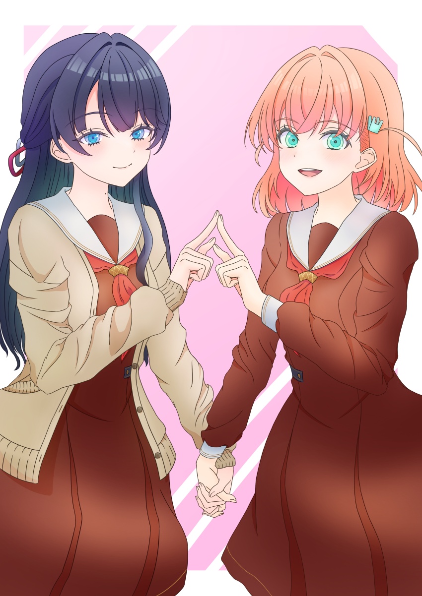 2girls :d absurdres aqua_eyes blue_eyes blue_hair blue_ribbon border brown_cardigan brown_dress cardigan closed_mouth commentary_request cowboy_shot crossed_bangs dress hair_ornament hair_ribbon half-closed_eyes half_updo hasu_no_sora_school_uniform highres hinoshita_kaho holding_hands interlocked_fingers kara_iroha link!_like!_love_live! long_hair long_sleeves looking_at_viewer love_live! medium_dress medium_hair mole mole_on_neck multiple_girls murano_sayaka neckerchief open_cardigan open_clothes open_mouth orange_hair outside_border pink_background pleated_dress rabbit_hair_ornament red_neckerchief red_ribbon ribbon sailor_collar sailor_dress school_uniform simple_background smile teeth two_side_up upper_teeth_only virtual_youtuber white_border white_sailor_collar winter_uniform