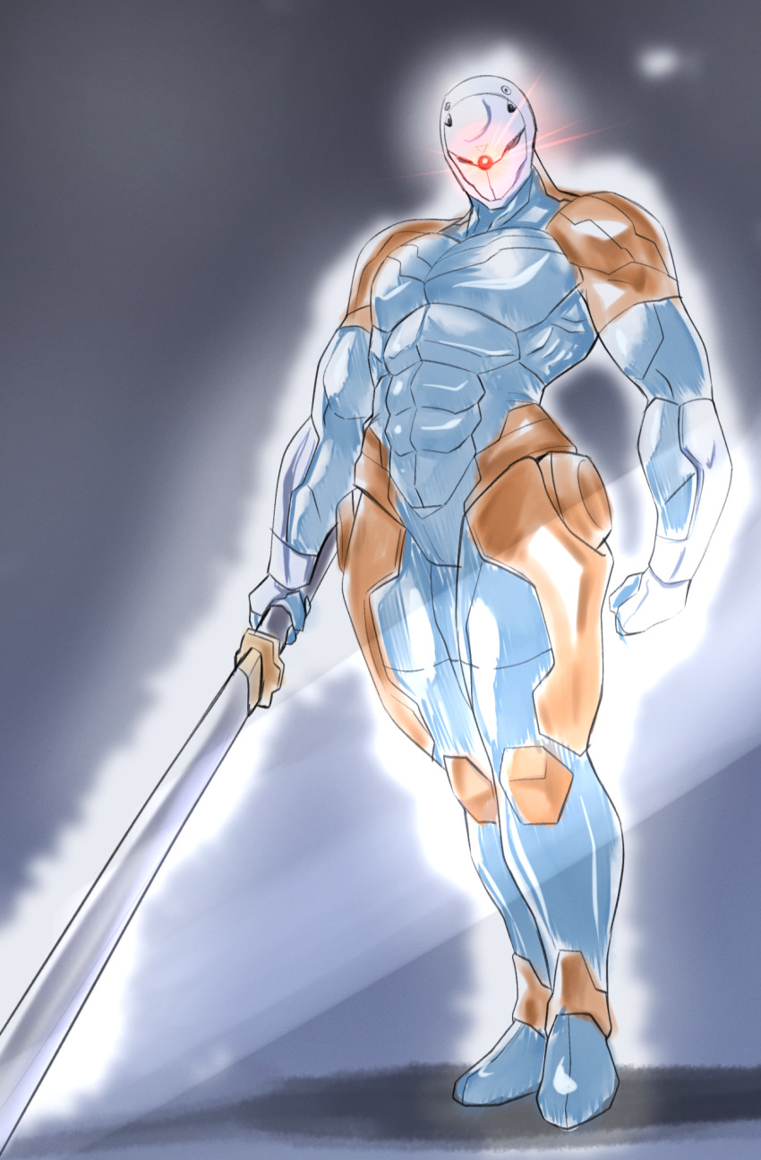 1boy armor clenched_hand commentary_request cyborg cyborg_ninja full_body glowing glowing_eye grey_background helmet highres holding holding_sword holding_weapon katana male_focus mask metal_gear_(series) metal_gear_solid ninja one-eyed red_eyes science_fiction shimazu_kaname simple_background solo standing sword weapon