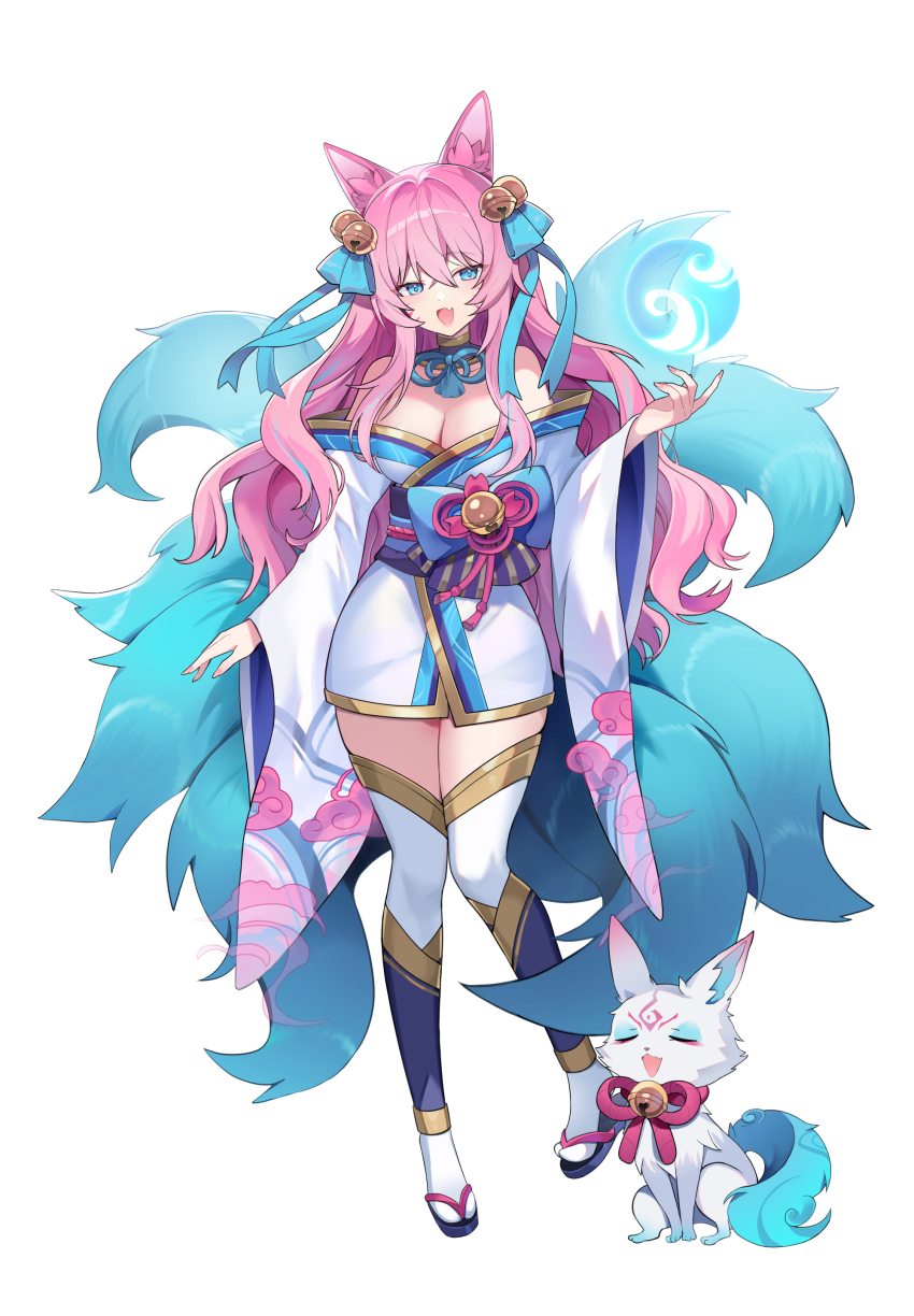 1girl :d absurdres ahri_(league_of_legends) animal_ear_fluff animal_ears arm_at_side bare_shoulders bell blue_eyes blue_ribbon blue_tail breasts cleavage cloud_print crossed_bangs detached_collar facial_mark fang fox full_body gold_trim hair_bell hair_between_eyes hair_ornament hair_ribbon hand_up highres japanese_clothes jingle_bell kimono kitsune knees_together_feet_apart kyuubi league_of_legends long_hair long_sleeves looking_at_viewer medium_breasts multiple_tails nail_polish open_mouth pelicana pink_hair pink_nails print_sleeves ribbon sandals sash short_kimono simple_background skin_fang smile solo spirit_blossom_ahri standing strapless_kimono tail thighhighs wavy_hair white_background white_kimono white_thighhighs wide_sleeves zettai_ryouiki