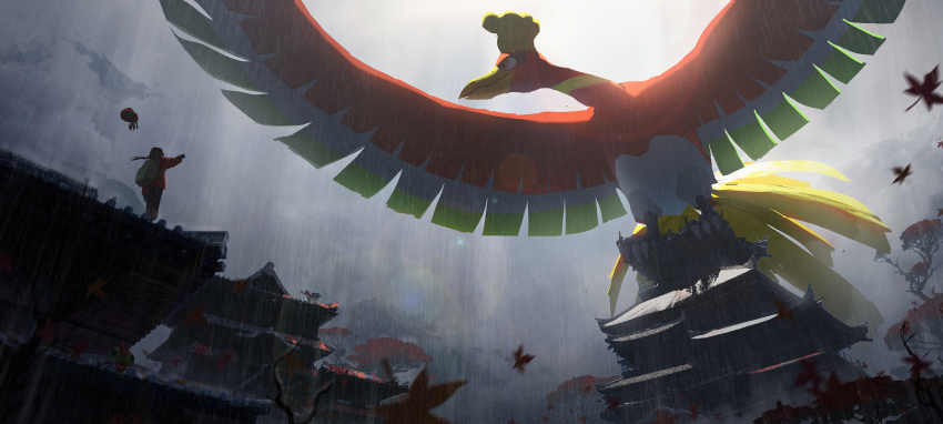 1girl asteroid_ill autumn autumn_leaves black_pants brown_hair cloud cloudy_sky falling_leaves full_body gen_2_pokemon gen_8_pokemon highres ho-oh jacket leaf legendary_pokemon nintendo orbeetle pants pokemon rain red_jacket rooftop scenery sky standing suicune tree wide_shot yanma