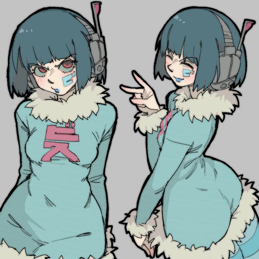 1girl aircraft bis_(jsr) blue_dress blue_pantyhose blunt_bangs breasts closed_eyes cowboy_shot cyber_fashion dress facial_mark fur-trimmed_dress fur-trimmed_sleeves fur_trim green_hair grey_background headphones headset helicopter holding inline_skates jet_set_radio long_sleeves looking_at_viewer medium_breasts motor_vehicle multiple_views open_mouth pantsu-ripper pantyhose red_eyes roller_skates short_dress short_hair simple_background skates smile streetwear striped_clothes striped_pantyhose sweater sweater_dress v
