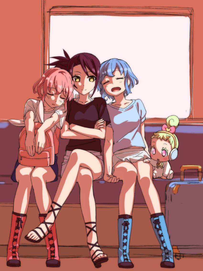 1boy 3girls baby backpack bag blue_footwear blue_hair boots bow closed_eyes dorothy_west full_body green_hair hair_bow head_on_another&#039;s_shoulder headphones highres holding holding_bag jewlulu long_hair masunikuru multiple_girls open_mouth pink_bag pink_bow pink_hair pretty_series pripara purple_eyes purple_hair red_boots reona_west short_hair short_sleeves sitting skirt smile toudou_shion train_interior trap yellow_eyes