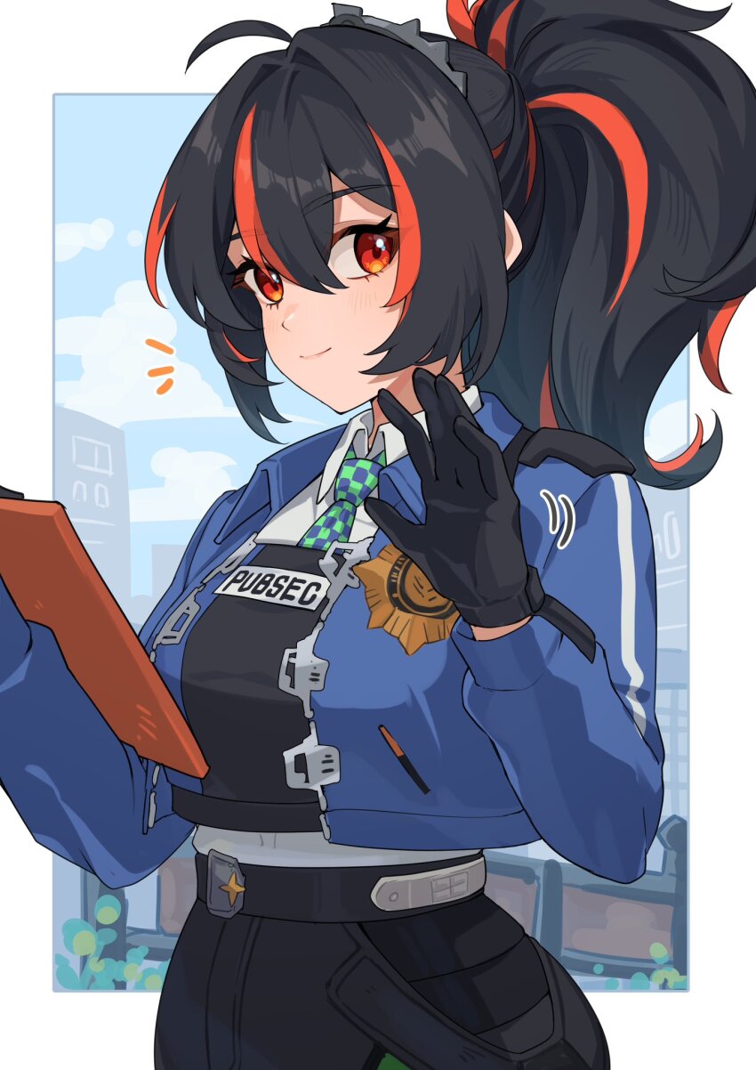 1girl black_gloves black_hair blue_jacket border breasts chawarabi checkered_necktie clipboard gloves high-waist_pants highres holding holding_clipboard jacket looking_at_viewer metal_hairband multicolored_hair necktie notice_lines outside_border pants police police_badge police_uniform policewoman ponytail red_eyes red_hair smile solo streaked_hair tight_clothes tight_pants upper_body waving white_border zenless_zone_zero zhu_yuan