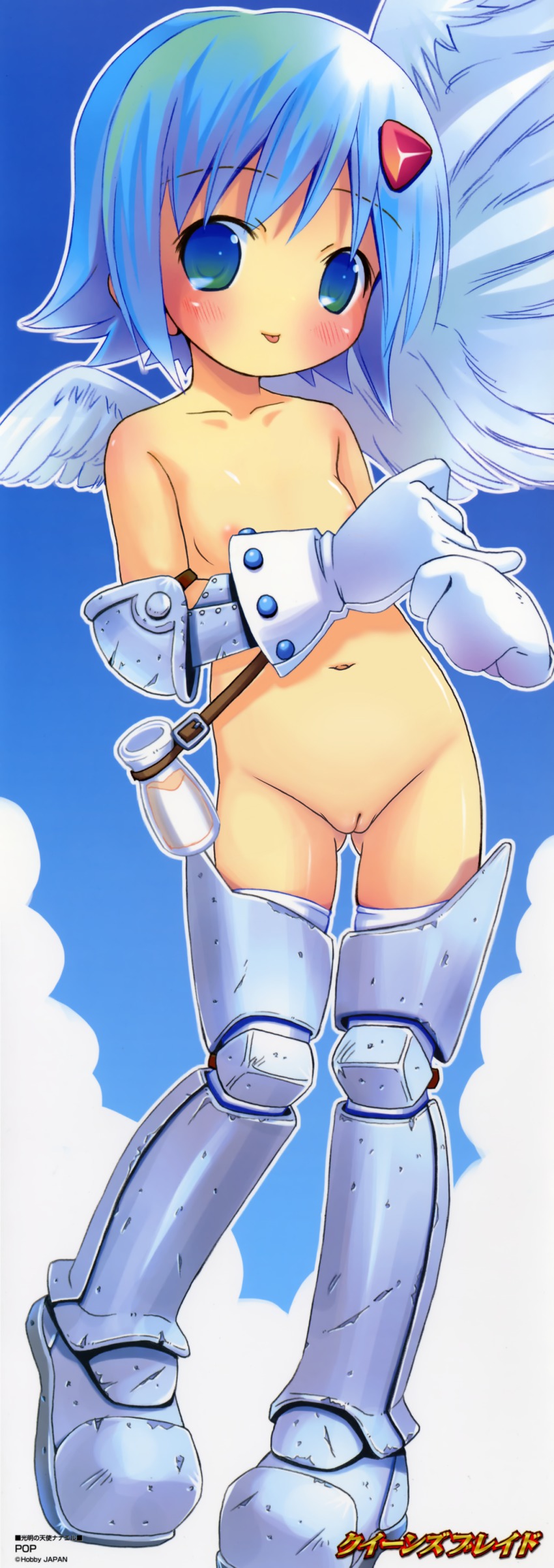 1girl :p absurdres angel angel_wings armor artist_name asymmetrical_wings blue_eyes blue_hair blush boots bottle cleft_of_venus female_focus flat_chest gloves green_eyes groin hair_ornament highres legs loli long_image looking_at_viewer matching_hair/eyes milk multicolored_eyes nanael_(queen&#039;s_blade) navel pop pussy queen&#039;s_blade queen&#039;s_blade_lost_worlds short_hair solo standing stick_poster tall_image thigh_boots thighhighs thighs tongue tongue_out uncensored white_gloves wings