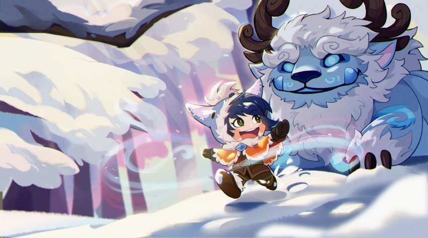 1boy :d absurdres belt black_hair blush_stickers brown_belt brown_gloves brown_pants child fur fur_collar fur_trim gem gloves green_eyes highres hood hood_up horns league_of_legends nunu_(league_of_legends) open_mouth outdoors pants pointy_ears smile snow snowing teeth tianshi_bianjie tree tusks upper_teeth_only willump