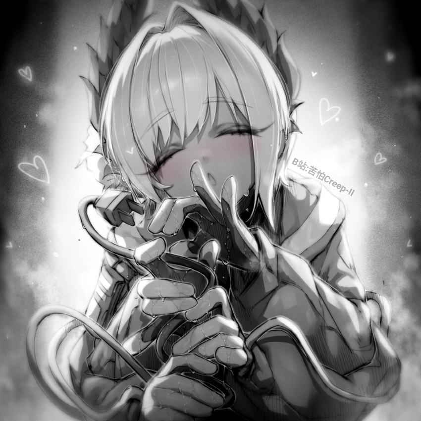 1girl arknights artist_name bilibili_username bird_girl blush cable cable_tail chinese_commentary closed_eyes commentary_request electric_plug electric_plug_tail extra_arms feathers flower gloves greyscale hair_flower hair_ornament handjob_gesture head_wings heart highres invisible_penis kupa_(jesterwii) large_variant_set mechanical_tail monochrome open_mouth paid_reward_available raidian_(arknights) short_hair solo spot_color tail variant_set wings