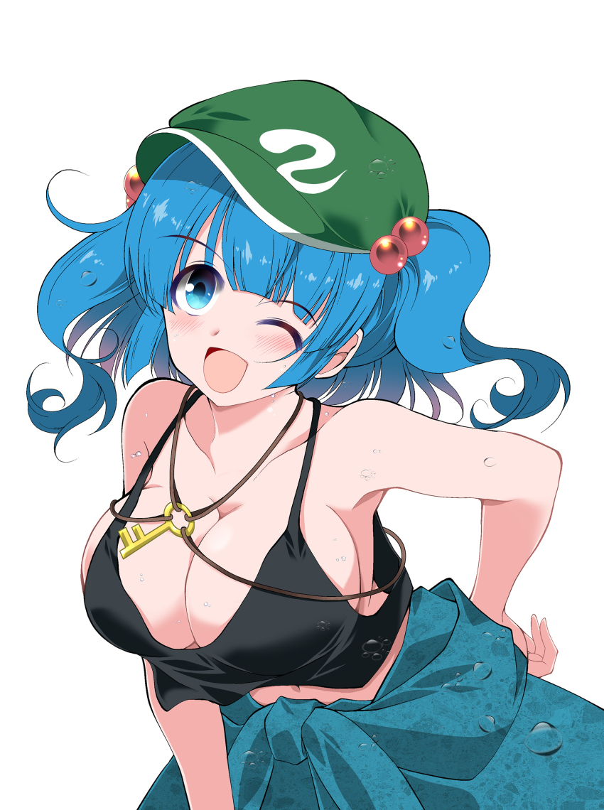:d absurdres black_tank_top blue_eyes blue_hair breasts cleavage clothes_around_waist green_hat hair_bobbles hair_ornament hat highres kawashiro_nitori large_breasts light_blush midriff_peek navel newsboy_cap one_eye_closed open_mouth simple_background smile sweater sweater_around_waist tank_top touhou twintails upper_body usuusu white_background