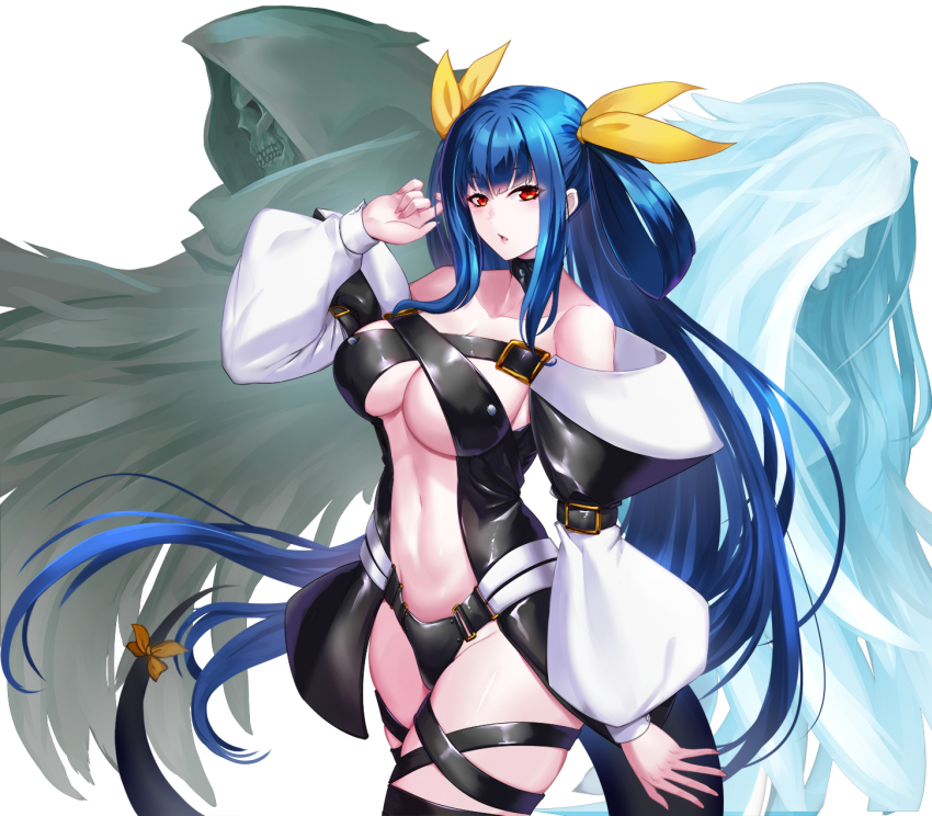 1girl angel_wings arc_system_works asymmetrical_wings bare_shoulders belt black_choker black_thighhighs blue_hair blush breasts center_opening choker cleavage collarbone dizzy_(guilty_gear) dtcy fingernails guilty_gear guilty_gear_x guilty_gear_xx hair_between_eyes hair_ribbon hair_rings highres large_breasts long_hair long_sleeves looking_at_viewer nail_polish navel necro_(guilty_gear) open_mouth puffy_long_sleeves puffy_sleeves red_eyes revealing_clothes ribbon sidelocks skindentation solo tail tail_ornament tail_ribbon thick_thighs thighhighs thighs twintails underboob undine_(guilty_gear) wings yellow_ribbon