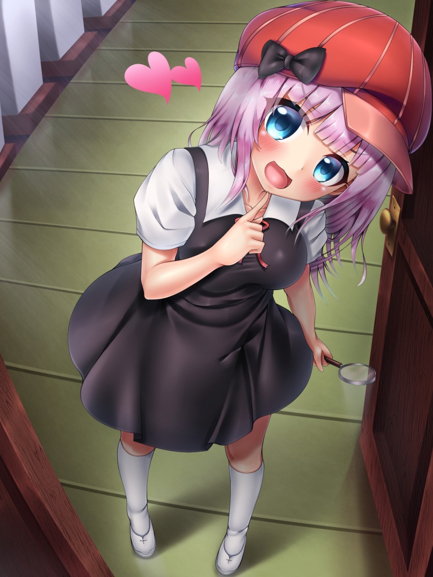 1girl :d absurdres black_bow black_dress blouse blue_eyes blush bow breasts cabbie_hat collarbone commentary_request derivative_work detective dress female_focus fujiwara_chika full_body hair_bow hand_up hat heart highres holding holding_magnifying_glass index_finger_raised indoors kaguya-sama_wa_kokurasetai_~tensai-tachi_no_renai_zunousen~ kneehighs leaning_to_the_side long_hair magnifying_glass medium_breasts neck_ribbon oooqqq open_mouth pink_hair red_hat red_ribbon ribbon school_uniform shirt shoes short_sleeves shuuchiin_academy_school_uniform sleeveless sleeveless_dress smile socks solo standing very_long_hair white_shirt white_shoes white_socks