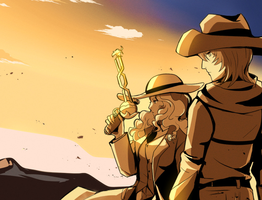 1boy 1girl belt classicaloid cloud cowboy_hat cowboy_western fingernails franz_liszt_(classicaloid) frederic_chopin_(classicaloid) gradient_sky gun handgun hat holding holding_gun holding_weapon jacket kusano_gurima long_hair long_sleeves monochrome necktie outdoors short_hair sky vest weapon