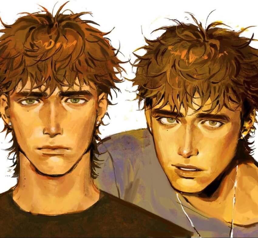 1boy black_shirt brown_hair closed_mouth commentary earrings english_commentary from_above green_eyes grey_shirt jewelry kunnuscumnus looking_at_viewer male_focus messy_hair mole mole_on_forehead mole_on_neck mole_under_eye mullet multiple_views necklace original parted_lips portrait rowan_(kunnuscumnus) shirt silver_necklace simple_background stud_earrings teeth thick_eyebrows undercut wavy_hair white_background yellow_theme