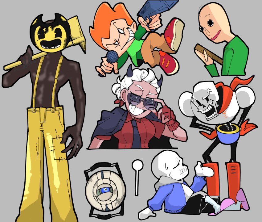 1girl 5boys adjusting_eyewear anger_vein armor axe bald baldi baldi&#039;s_basics bendy bendy_and_the_ink_machine black_jacket black_necktie black_skin blue_hoodie boots breastplate brown_pants closed_mouth colored_skin commentary_request feet_out_of_frame fingerless_gloves friday_night_funkin&#039; full_body gloves green_shirt grey_background grin gun helltaker holding holding_axe holding_gun holding_microphone holding_ruler holding_weapon hood hoodie jacket jacket_on_shoulders justice_(helltaker) long_sleeves looking_at_viewer mask microphone multiple_boys necktie newgrounds open_mouth orange_hair pants papyrus_(undertale) pauldrons pico_(newgrounds) pink_slippers portal portal_(series) portal_2 red_footwear red_gloves red_shirt robot ruler sans_(undertale) satou_(ultrmngrtsrt) shirt shoes short_hair shoulder_armor simple_background skeleton slippers smile sneakers standing sunglasses suspenders undead undertale upper_body weapon wheatley white_hair yellow_pants
