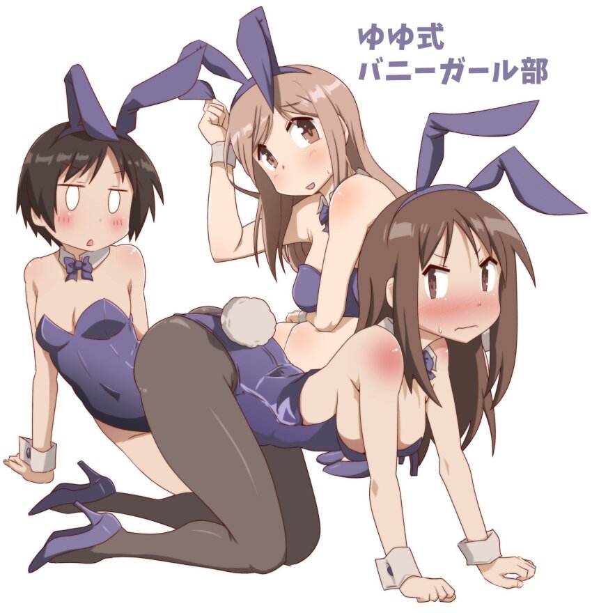 3girls aikawa_chiho all_fours animal_ear_hairband animal_ears black_hair black_pantyhose blush bow bowtie brown_eyes brown_hair closed_mouth covered_navel detached_collar fake_animal_ears fake_tail full_body hairband hasegawa_fumi high_heels highleg highleg_leotard highres leotard long_hair looking_at_viewer multiple_girls o_o okano_kei open_mouth pantyhose playboy_bunny purple_bow purple_bowtie purple_leotard rabbit_ear_hairband rabbit_ears rabbit_tail short_hair simple_background sitting squatting strapless strapless_leotard sweatdrop tail toutouhai white_background white_wrist_cuffs wrist_cuffs yokozuwari yuyushiki