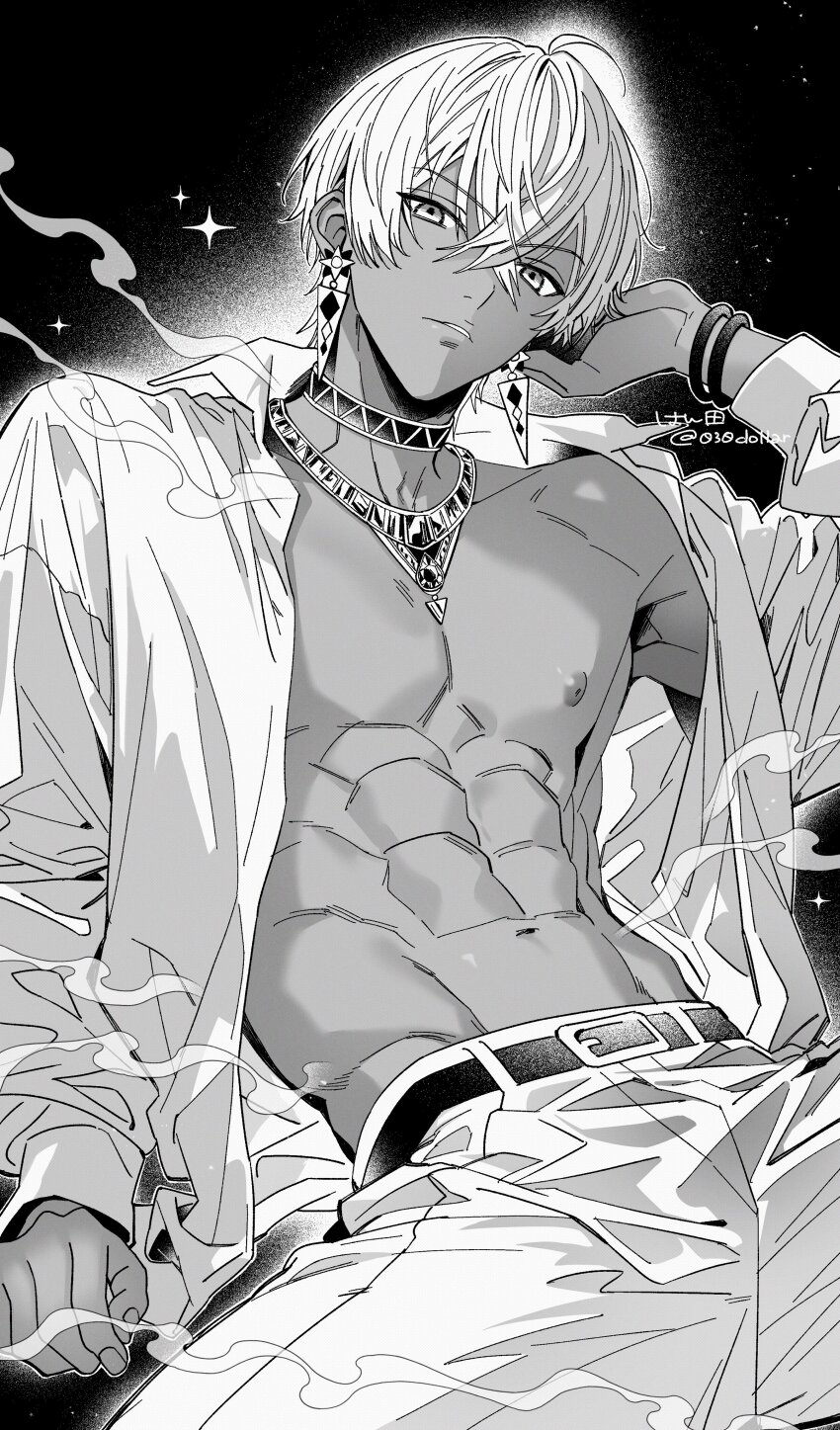 030dollar 1boy abs belt dark_skin earrings hair_between_eyes ibrahim_(nijisanji) jewelry male_focus monochrome muscular muscular_male nijisanji nipples open_clothes open_shirt pants shirt short_hair solo virtual_youtuber