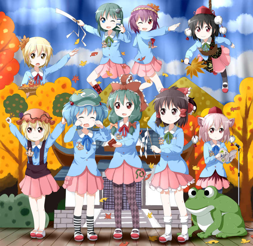 6+girls aged_down aki_minoriko aki_shizuha alternate_costume alternate_eye_color alternate_hairstyle animal_ears argyle_clothes argyle_legwear black_hair blouse blue_eyes blush book bow brown_eyes cardboard checkered_clothes checkered_legwear closed_eyes crying female_focus food frog fruit gohei grapes green_hair hair_bobbles hair_bow hair_ornament hair_ribbon hair_tubes hakurei_reimu hand_fan hand_in_own_hair hat highres holding inubashiri_momiji kagiyama_hina kawashiro_nitori kneehighs kochiya_sanae leaf leaf_on_head long_hair long_sleeves looking_at_viewer mary_janes microphone mob_cap moriya_suwako moriya_suwako_(frog) mountain_of_faith multiple_girls object_on_head one_eye_closed open_mouth outstretched_arm pantyhose patterned_legwear plaid_clothes plaid_legwear pom_pom_(clothes) ponytail red_eyes ribbon rope ruu_(tksymkw) school_musical shameimaru_aya shirt shoes short_hair skirt smile socks standing striped_clothes striped_legwear striped_socks suspenders sweatdrop tears tokin_hat touhou twintails two_side_up wallet wink wolf_ears yasaka_kanako