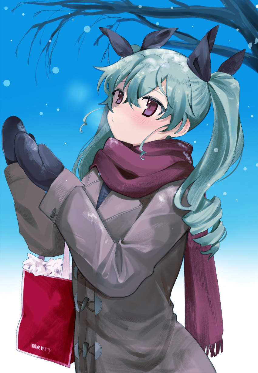 1girl absurdres anchovy_(girls_und_panzer) bag bare_tree black_bow black_mittens bow coat commentary day english_commentary girls_und_panzer grey_coat hair_between_eyes hair_bow highres mittens outdoors pencilanon purple_eyes scarf shopping_bag snowing solo tree twintails