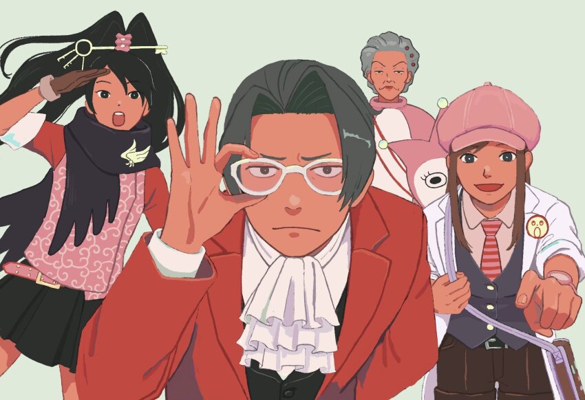 1boy 23011620x 3girls ace_attorney ace_attorney_investigations ace_attorney_investigations:_miles_edgeworth arm_behind_back ascot bespectacled black_hair black_vest brown_hair closed_mouth collared_shirt costume ema_skye formal_clothes furrowed_brow glasses gloves grey_eyes grey_hair hair_intakes hair_ornament hat high_ponytail highres jacket karakusa_(pattern) kay_faraday key lab_coat long_hair long_sleeves looking_at_viewer miles_edgeworth multiple_girls old old_woman open_mouth pink_badger pleated_skirt pointing pointing_at_viewer ponytail red_jacket scarf shirt short_hair simple_background skirt sleeves_rolled_up smile vest wendy_oldbag white_shirt