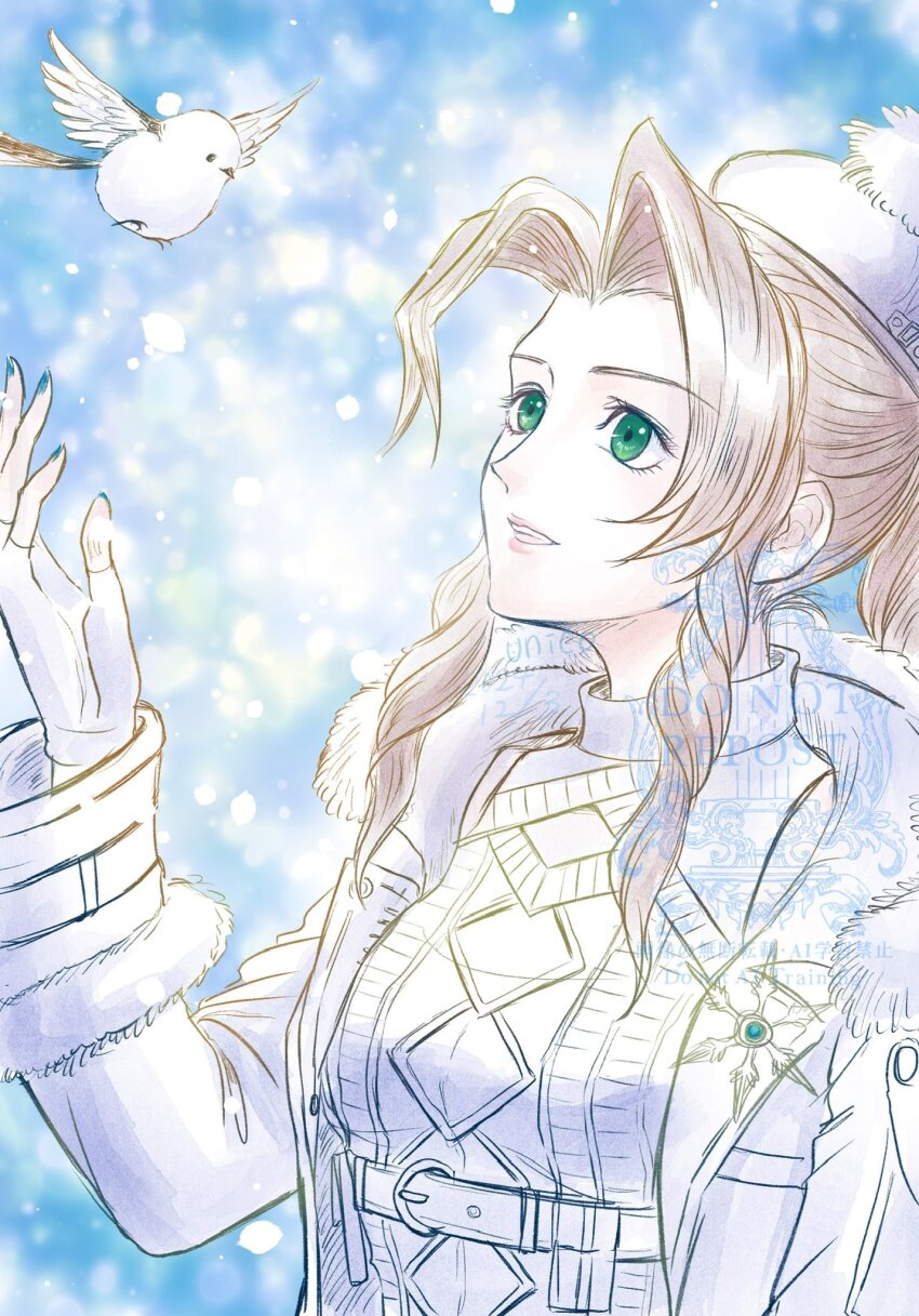1girl aerith_gainsborough aerith_gainsborough_(fairy_of_snowfall) aqua_nails bird blue_background braid braided_ponytail breasts brown_hair cable_knit clothing_cutout coat dress final_fantasy final_fantasy_vii final_fantasy_vii_ever_crisis fingerless_gloves fur-trimmed_jacket fur_trim gloves green_eyes hat highres jacket knit_dress long_sleeves medium_breasts nail_polish official_alternate_costume parted_bangs parted_lips pom_pom_hat_ornament sdsbtfl sidelocks single_braid smile snowflake_brooch solo white_dress white_gloves white_hat white_jacket winter_clothes winter_coat