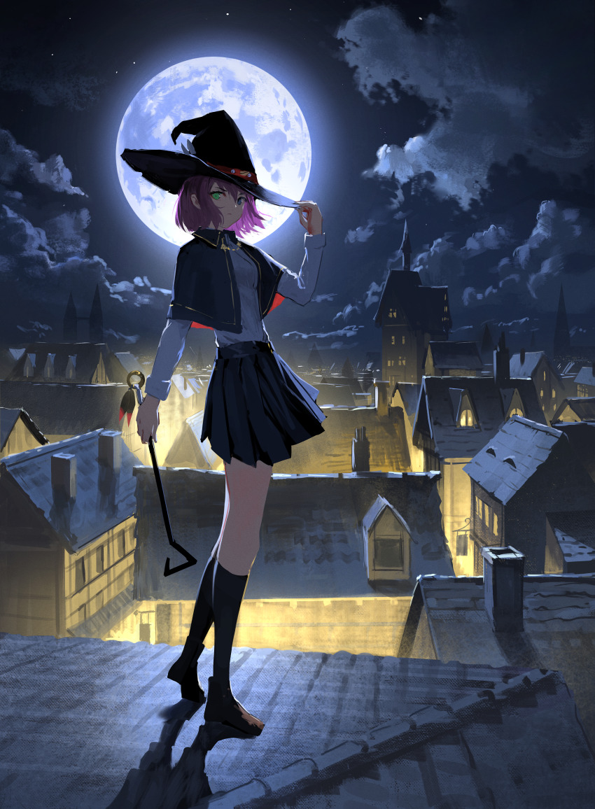 1girl absurdres ankle_boots architecture arm_at_side black_capelet black_hat black_skirt black_socks blue_eyes boots borrowed_character breasts brown_boots building capelet chimney city city_lights cityscape cloud collared_capelet collared_shirt commentary double-parted_bangs dress_shirt english_commentary from_side full_body full_moon furrowed_brow gift_art gold_trim green_eyes hair_between_eyes hand_on_headwear hand_up hat hat_ribbon heterochromia highres holding holding_wand kneehighs large_hat light_frown long_sleeves looking_at_viewer looking_to_the_side miniskirt moon moonlight narrowed_eyes night night_sky on_rooftop original pink_hair pleated_skirt red_capelet red_ribbon ribbon rooftop shirt shirt_tucked_in short_hair sidelocks skirt sky small_breasts socks solo standing two-sided_capelet vertigris wand white_shirt witch witch_hat