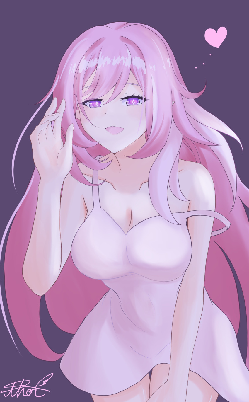 1girl absurdres artist_name bare_shoulders breasts cleavage collarbone commentary_request diamond-shaped_pupils diamond_(shape) dress elf elysia_(herrscher_of_human:_ego)_(honkai_impact) elysia_(honkai_impact) heart highres honkai_(series) honkai_impact_3rd large_breasts long_hair official_alternate_costume open_mouth pink_hair pointy_ears purple_background purple_eyes solo symbol-shaped_pupils thighs thor_gdgd very_long_hair white_dress