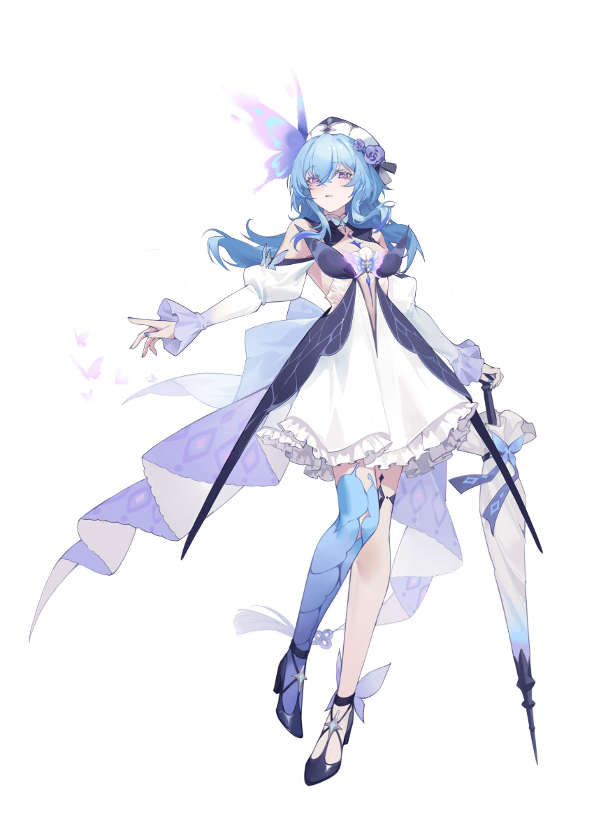 1girl absurdres alternate_costume bare_shoulders blue_hair blue_thighhighs breasts bug butterfly closed_umbrella colored_eyelashes commentary_request dress flower full_body hair_between_eyes hair_flower hair_ornament hat high_heels highres holding holding_umbrella insect long_hair long_sleeves looking_at_viewer medium_breasts nail_polish parasol parted_lips purple_butterfly purple_eyes purple_flower purple_nails shorekeeper_(wuthering_waves) simple_background single_bare_leg single_thighhigh solo thighhighs thighs umbrella white_background white_dress white_hat white_umbrella woodylixx wuthering_waves