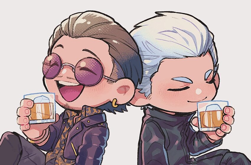 2boys :d ^_^ beard black_hair black_jacket black_pants black_shirt chibi closed_eyes closed_mouth collared_shirt cowboy_shot cup earrings facial_hair han_joon-gi holding holding_cup hotumaru12 jacket jewelry male_focus multiple_boys mustache open_mouth pants round_eyewear ryuu_ga_gotoku_(series) ryuu_ga_gotoku_7 shirt short_hair simple_background sitting smile sunglasses v-shaped_eyebrows white_background white_hair zhao_tianyou
