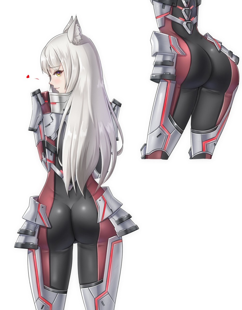 1girl absurdres animal_ears armor ass blush bodysuit cat_ears embarrassed from_behind grey_hair highres long_hair looking_at_viewer looking_back m_(xenoblade) multiple_views skin_tight smile succducc888 very_long_hair xenoblade_chronicles_(series) xenoblade_chronicles_3 yellow_eyes