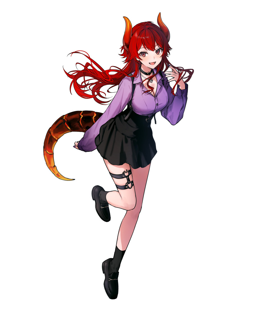 1girl absurdres black_choker black_shoes black_skirt black_socks blush breasts choker cleavage commentary_request dola_(7th_costume)_(nijisanji) dola_(nijisanji) dragon_girl dragon_horns dragon_tail full_body hand_up high-waist_skirt highres horns jacket jewelry knee_up large_breasts loafers long_hair looking_at_viewer nail_polish necklace nijisanji open_mouth purple_eyes purple_jacket purple_nails red_eyes red_hair shoes simple_background skirt socks solo suspender_skirt suspenders tail thigh_strap tone_haruma transparent_background virtual_youtuber