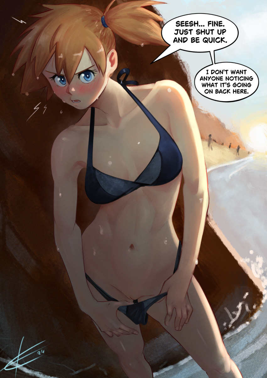 1girl absurdres angry beach bikini bikini_bottom_pull bikini_pull black_bikini blue_eyes blurry blurry_background blush breasts cleavage cleft_of_venus clothes_pull clothing_aside commentary eltonel embarrassed english_commentary english_text highres looking_at_viewer misty_(pokemon) nintendo no-pubic_hair orange_hair pokemon pokemon_frlg public_indecency public_nudity pussy side_ponytail small_breasts speech_bubble swimsuit swimsuit_aside uncensored