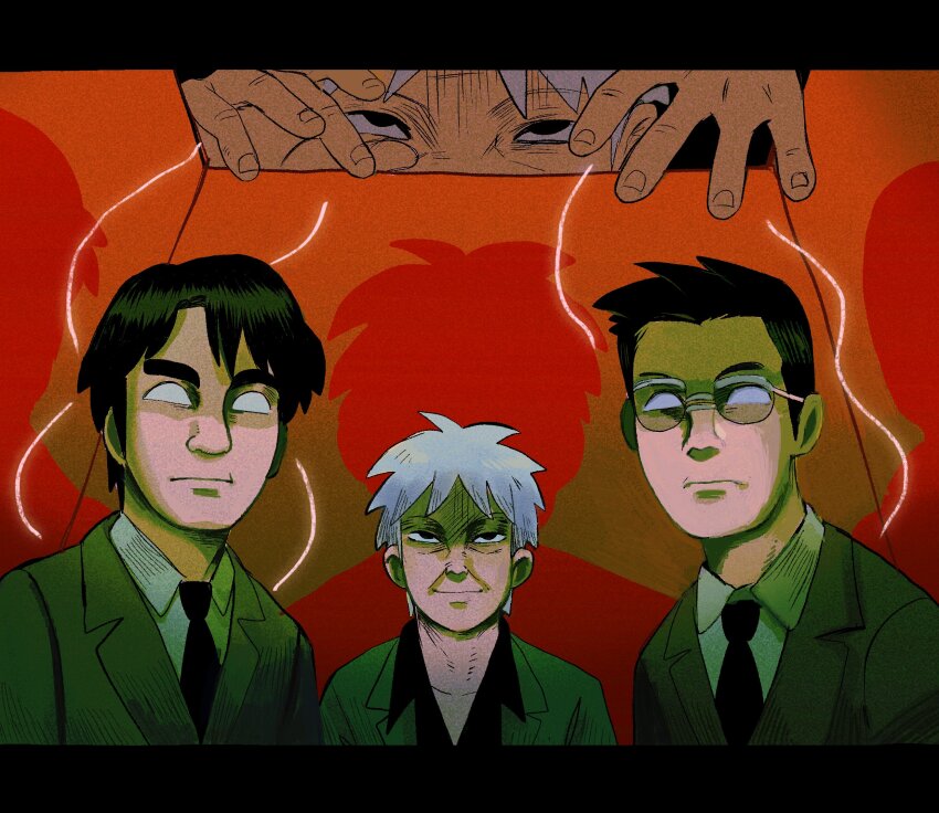 3boys akagi_shigeru black_eyes black_hair black_necktie black_shirt blank_eyes blazer closed_mouth collared_shirt colored_shadow commentary empty_eyes english_commentary formal_clothes fukumoto_mahjong grey_jacket highres jacket letterboxed looking_at_viewer marionette multiple_boys necktie old old_man puppet shadow shirt short_bangs short_hair smile suit ten_(manga) tzk6996 upper_body wrinkled_skin