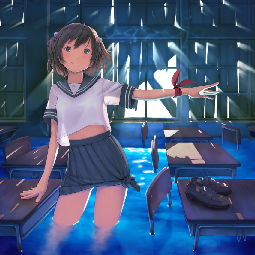 1girl brown_eyes brown_hair classroom desk female_focus flood highres indoors light_rays midriff navel original outstretched_arm school school_desk school_uniform see-through_silhouette serafuku shizuma_yoshinori shoes short_hair skirt smile solo sunbeam sunlight unworn_shoes wading water