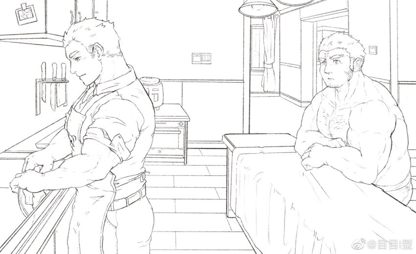 2boys abs apron bara chest_hair collared_shirt cooking couple cross_scar elbow_rest facial_hair feet_out_of_frame goatee_stubble greyscale highres houzouin_oniwaka kitchen large_pectorals light_blush long_sideburns looking_at_another male_focus me-me_(mouact2) monochrome multiple_boys muscular muscular_male nipples on_table parted_lips pectorals protagonist_3_(housamo) raised_eyebrows scar scar_on_face scar_on_forehead shirt short_hair sideburns sleeves_rolled_up stomach stubble table thick_eyebrows tokyo_houkago_summoners topless_male washing yaoi