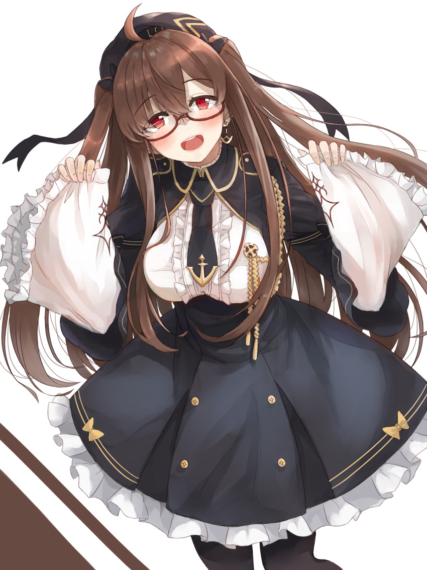 1girl ahoge azur_lane beret blush breasts brown_hair earrings frilled_shirt frilled_skirt frills hat highres jewelry lips london_(azur_lane) london_(retrofit)_(azur_lane) long_hair medium_breasts miimu_(nelreg3) necktie open_mouth red-framed_eyewear red_eyes shirt sidelocks skirt smile solo very_long_hair wide_sleeves
