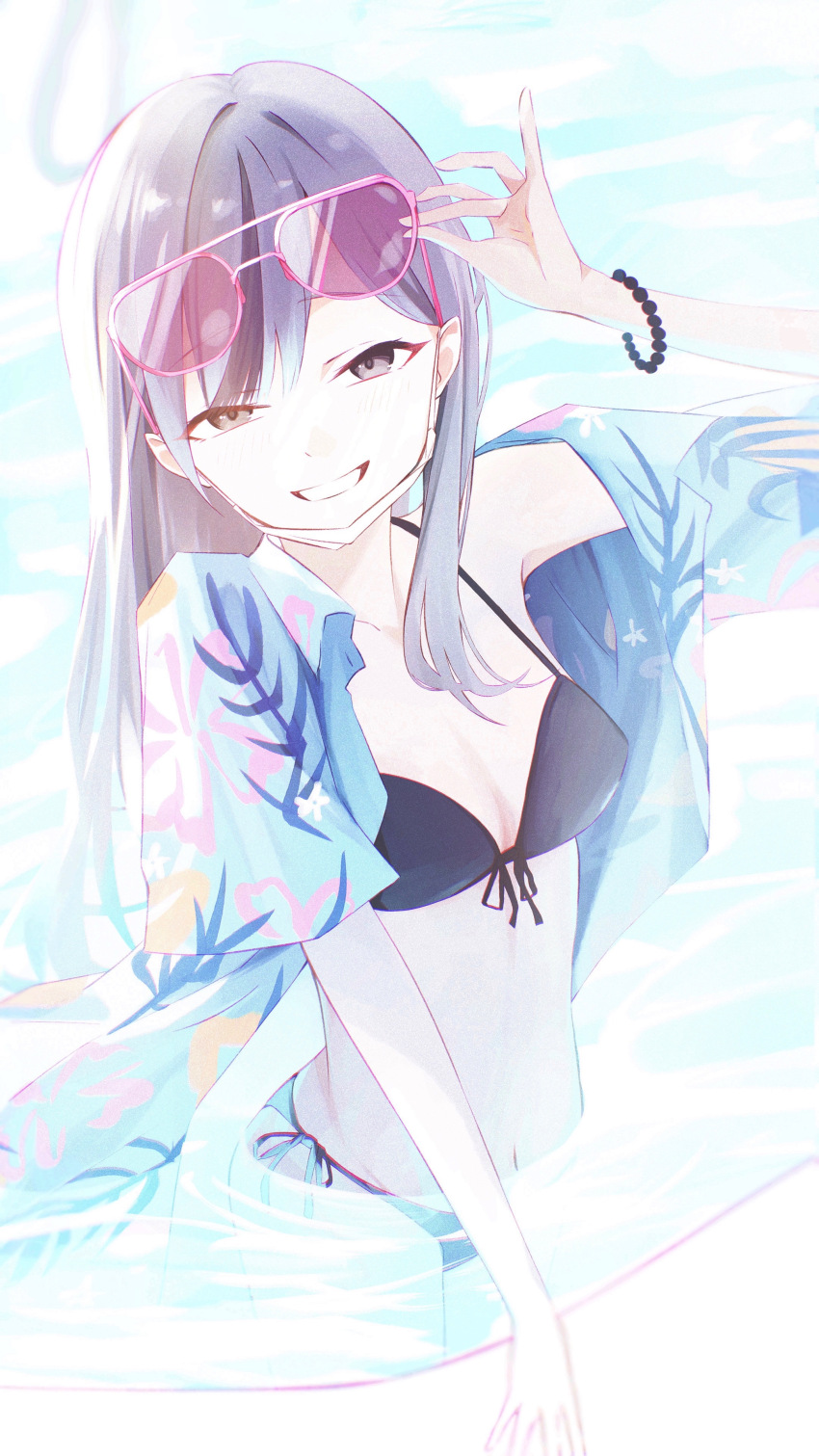 1girl absurdres adjusting_eyewear alternate_costume bikini black_bikini blue_archive blue_shirt breasts cleavage floral_print grey_eyes grey_hair hair_behind_ear highres konoka_(blue_archive) long_hair looking_at_viewer navel pink-tinted_eyewear shirt solo stomach sunglasses swimsuit tinted_eyewear ula_ula00
