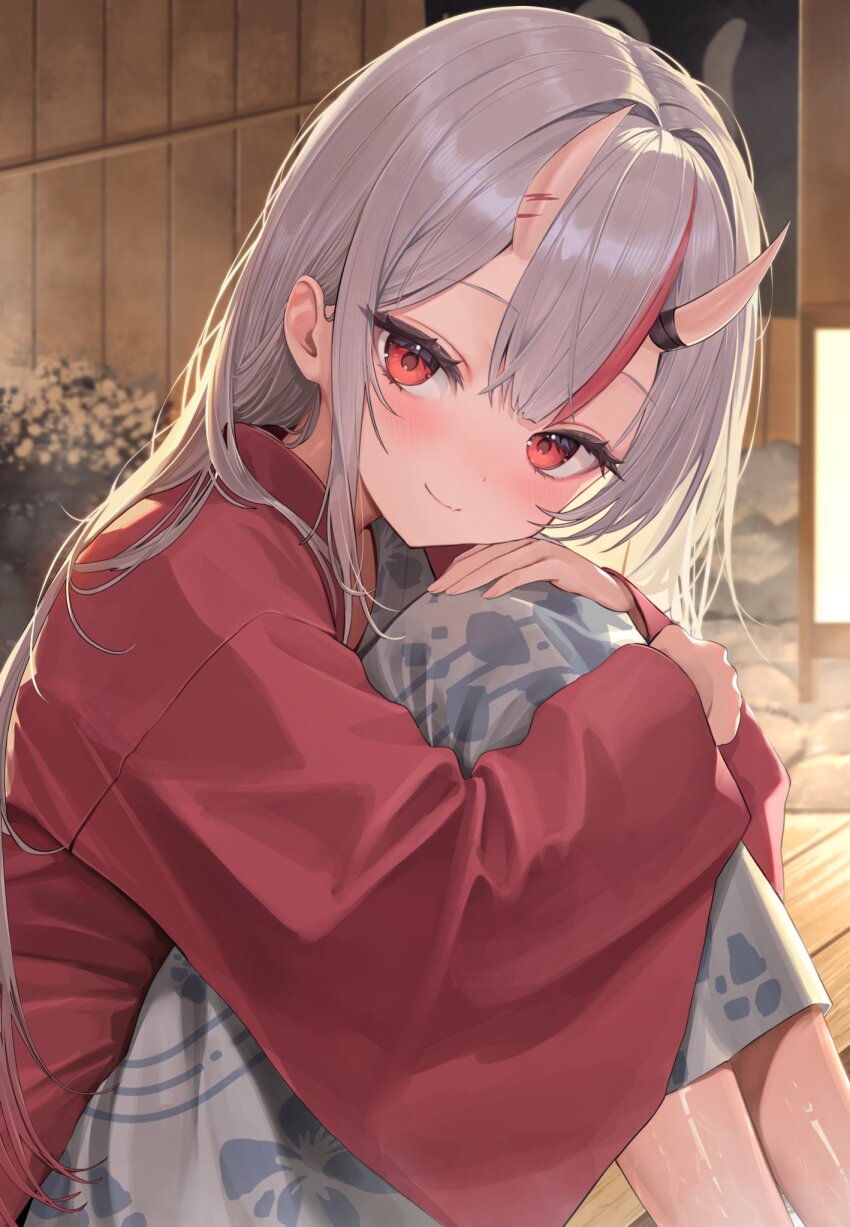 1girl center-flap_bangs closed_mouth commentary_request fang floral_print floral_print_kimono grey_hair grey_kimono hair_between_eyes hair_between_horns hand_on_own_knee haori highres hololive horns indoors iruka3 japanese_clothes kimono knees_to_chest knees_up light_blush long_hair looking_at_viewer multicolored_hair nakiri_ayame oni onsen print_kimono red_eyes red_hair red_haori sitting skin-covered_horns skin_fang smile solo steam streaked_hair virtual_youtuber wide_sleeves yukata