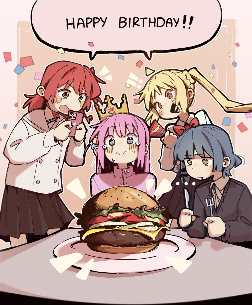 4girls absurdres ahoge black_ribbon black_skirt black_sweater blonde_hair blue_eyes blue_hair bocchi_the_rock! bow brown_shirt burger burger_king crown crying crying_with_eyes_open cube_hair_ornament detached_ahoge drooling food fork gotoh_hitori green_eyes hair_ornament happy_birthday happy_tears highres holding holding_fork holding_knife holding_party_popper holding_phone ijichi_nijika kessoku_band kita_ikuyo knife long_hair long_sleeves machuuu68 medium_hair mole mole_under_eye multiple_girls neck_ribbon one_side_up party_popper phone pink_hair pink_track_suit pleated_skirt polka_dot polka_dot_bow red_bow red_eyes red_hair ribbon school_uniform shimokitazawa_high_school_uniform shirt side_ahoge side_ponytail sitting skirt sweater tears track_suit white_shirt yamada_ryo yellow_eyes