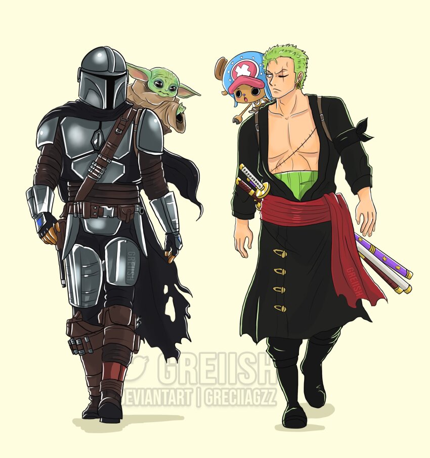4boys antlers armband armor baby black_kimono boots commentary din_djarin earrings english_commentary greciiagzz green_hair grogu haramaki hat helmet highres horns japanese_clothes jewelry katana kimono looking_at_another male_focus mandalorian multiple_boys one_piece pants red_sash reindeer_antlers roronoa_zoro sash scar scar_across_eye scar_on_chest scar_on_face star_wars sword tony_tony_chopper walking weapon