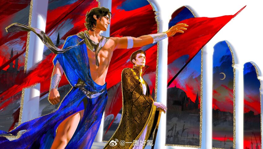 2boys arch armlet black_hair black_robe black_scarf blue_robe blue_sky bracer brown_hair cane castle character_request chinese_clothes chinese_commentary closed_mouth cloud cloudy_sky collared_robe commentary_request expressionless feet_out_of_frame flag floating_clothes forehead gold_necklace gradient_sky hanfu high_collar highres holding holding_cane jewelry knees lake lips long_sleeves looking_ahead male_focus multiple_boys necklace night night_sky outstretched_arm own_hands_together pale_skin realistic red_sky reflection reflective_water robe scarf short_hair short_sleeves sky sultan&#039;s_game thick_eyebrows toned toned_male war white_hanfu wide_sleeves yitan_haoqing