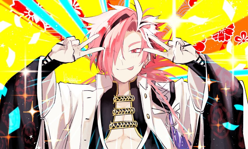 1boy coat double_v emotional_engine_-_full_drive fate/grand_order fate_(series) hair_over_one_eye highres kimidorix32 male_focus red_eyes red_hair signature takasugi_shinsaku_(fate) tongue tongue_out v white_coat wide_sleeves